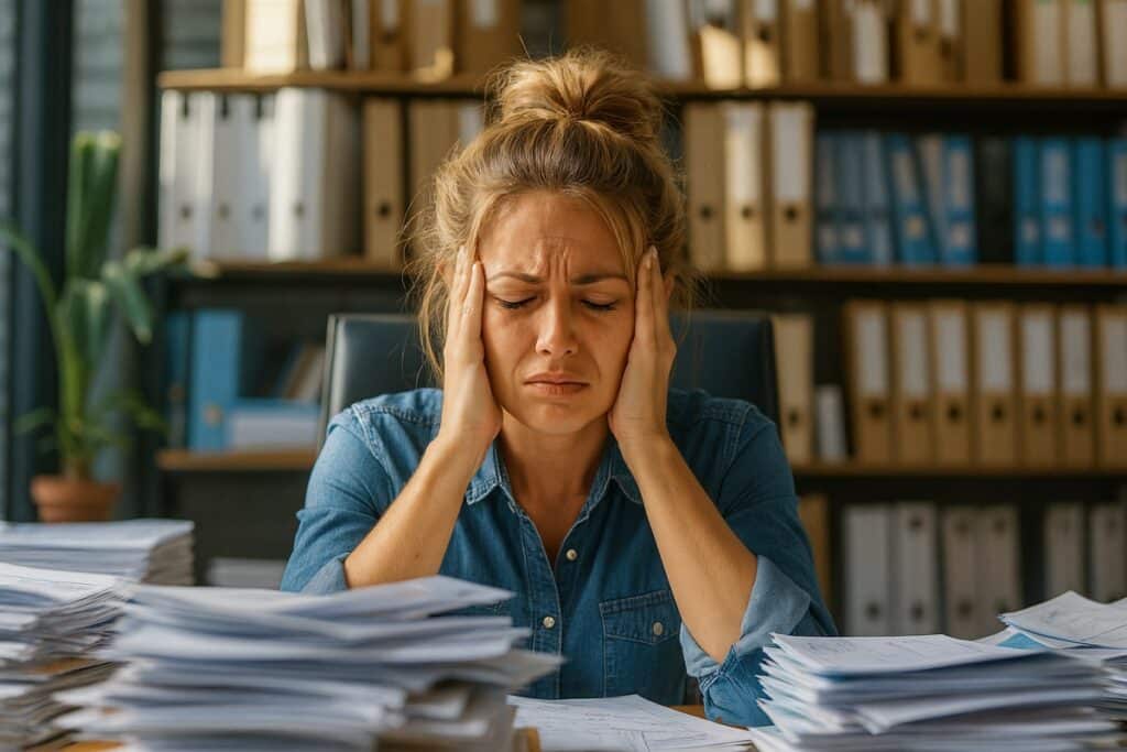 Mujer en la oficina con mucha ansiedad