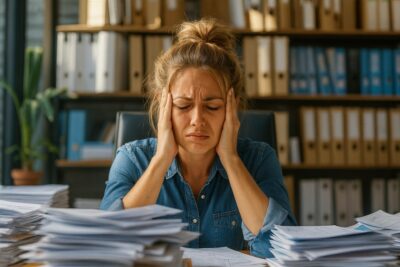 Mujer en la oficina con mucha ansiedad