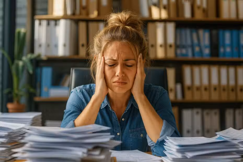 Mujer en la oficina con mucha ansiedad