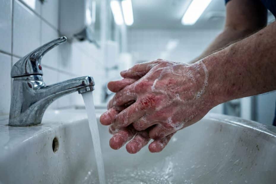 Sujeto con Trastorno Obsesivo Compulsivo lavándose las manos hasta hacerse heridas de manos