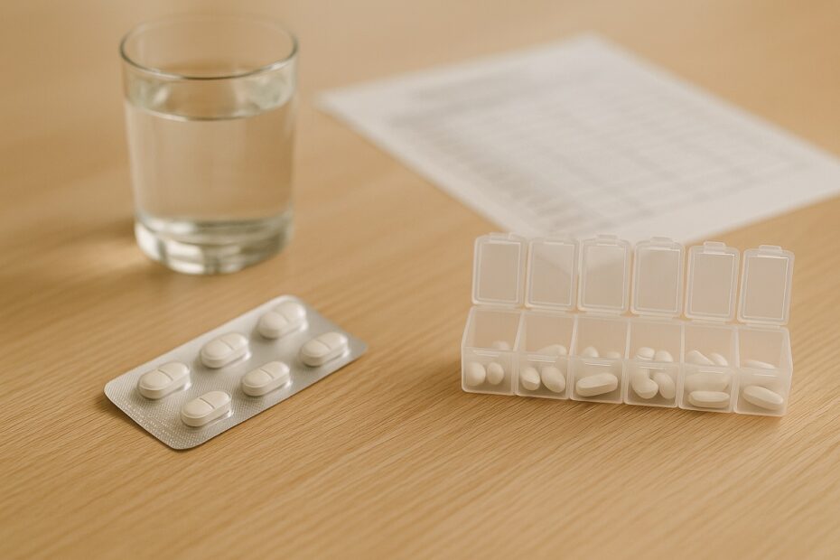 Blister de medicamentos antidepresivo sobre una mesa con un vaso de agua