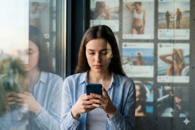 Adolescente mirando redes sociales en el móvil. Las comparaciones en las redes sociales dañan tu autoestima