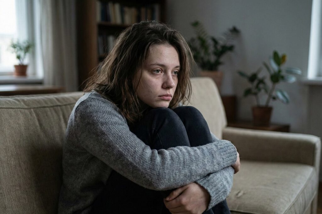 Primer plano realista de una mujer joven con el rostro decaído, mirada perdida y piel natural, ilustrando la apatía y tristeza como síntomas de la depresión.