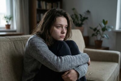 Primer plano realista de una mujer joven con el rostro decaído, mirada perdida y piel natural, ilustrando la apatía y tristeza como síntomas de la depresión.