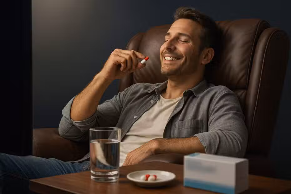 Un hombre con aspecto de felicidad tomando Lexatin