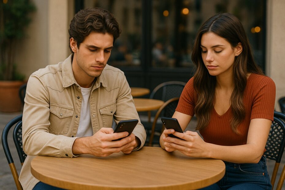 Adicción al teléfono móvil: Pareja de enamorados mirando cada uno su móvil