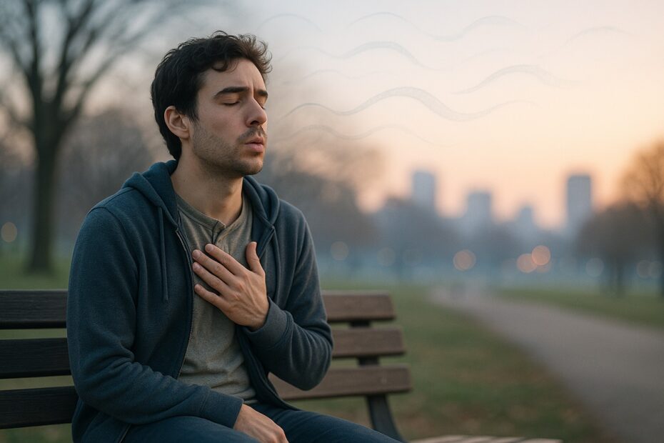 Persona practicando respiración calmada al amanecer, para eliminar la ansiedad generalizada.