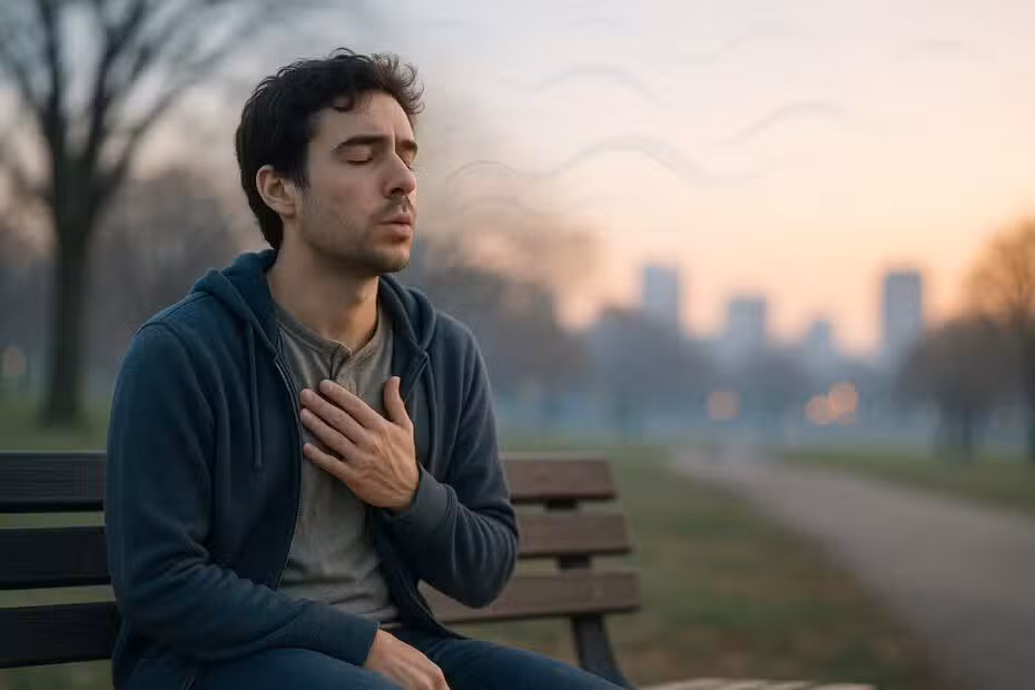 Persona practicando respiración calmada al amanecer, para eliminar la ansiedad generalizada.