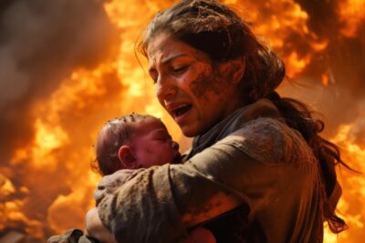 imagen del trastorno de estrés postraumático: mujer exhausta sostiene a su bebé en brazos ante un fuego intenso, con rostro de angustia