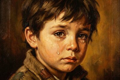 Retrato al óleo de un niño con lágrimas, imagen de portada sobre las supersticiones de los “Niños Llorones”.